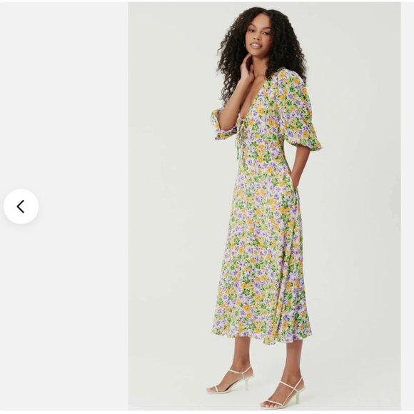 Nicholas NEW Danielle Lace Up Ruched Crepe Midi Dress In Whistledown Floral Sz 6 - Picture 3 of 5